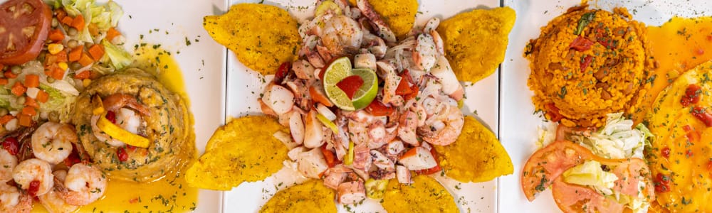 Mofongo, ceviche, and arroz con gandules at Plaza Del Marisco